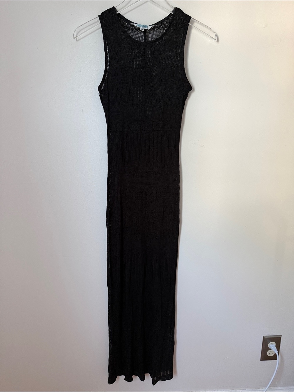 Vintage Hourglass Black Sheer Open-Knit Maxi Dress Back Slit Size M
